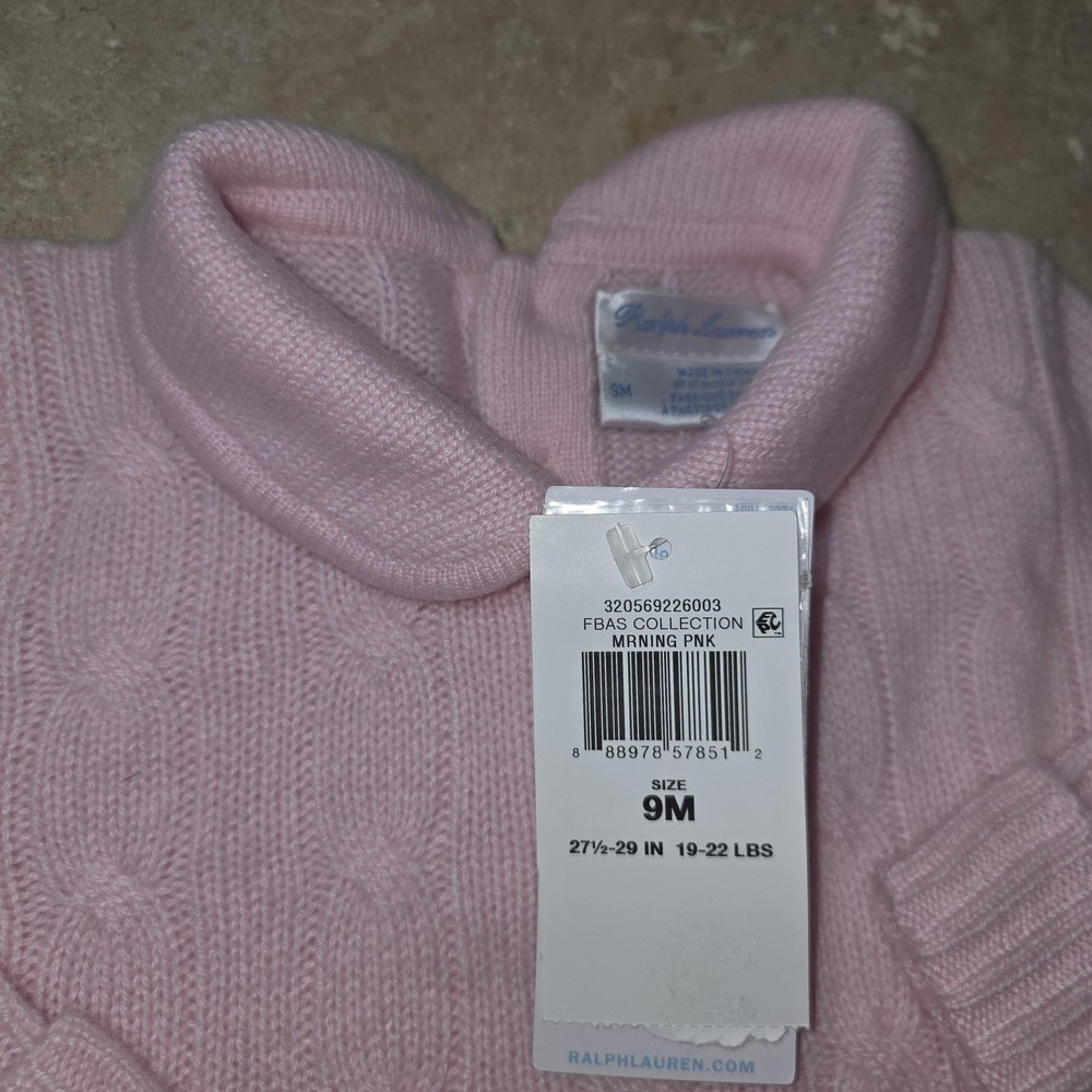 Ralph Lauren Coverall Girls 9M Pink Cable Knit Italian Yarn Bow Collar Luxe Cozy - Picture 3 of 8